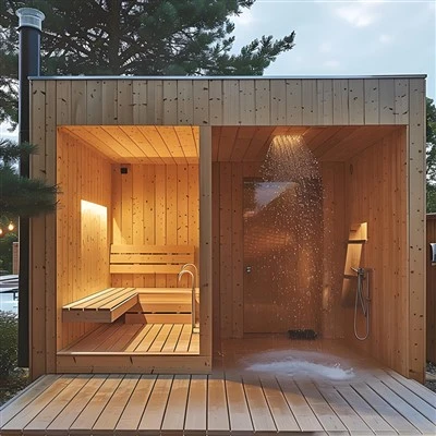 Mala privatna vanjska sauna s-vratima s ugrađenom-tuš kabinom